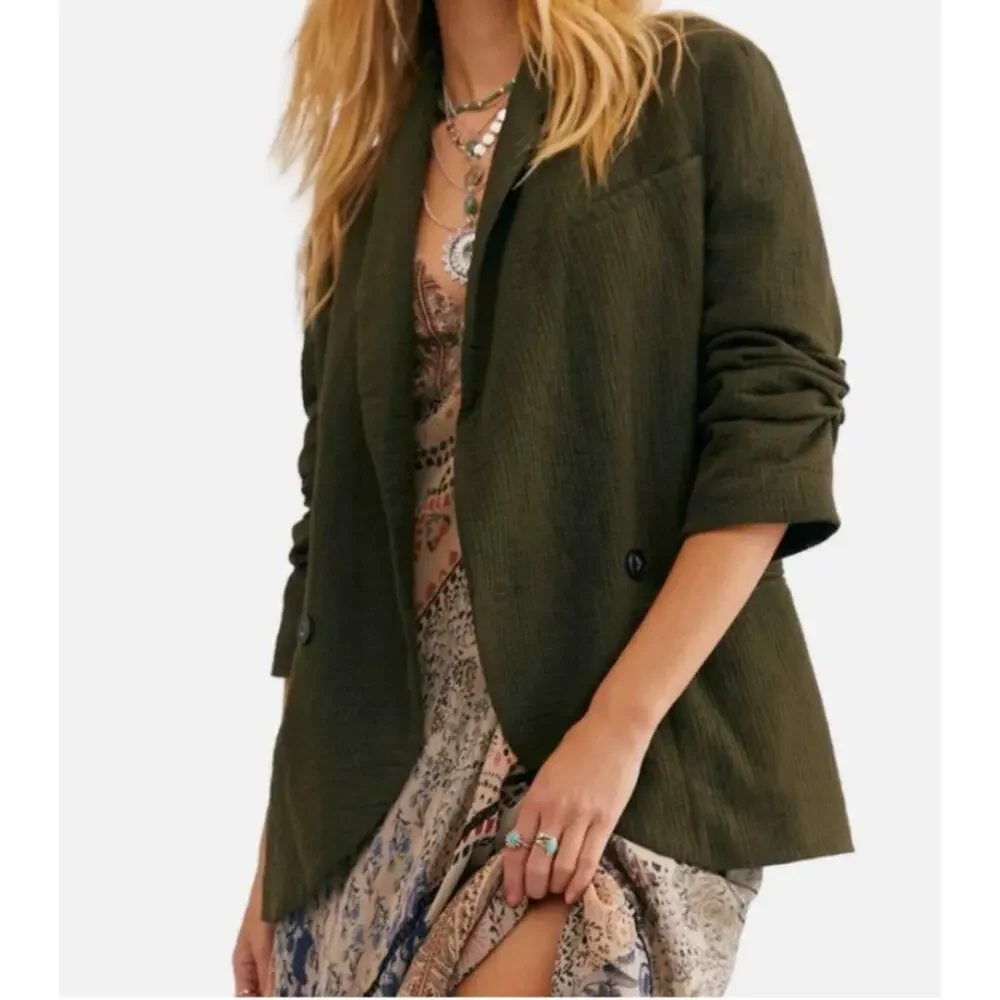Free People Rowan Crinkled Cotton Blazer Womens S Deep Army Green Boho Chic Soft